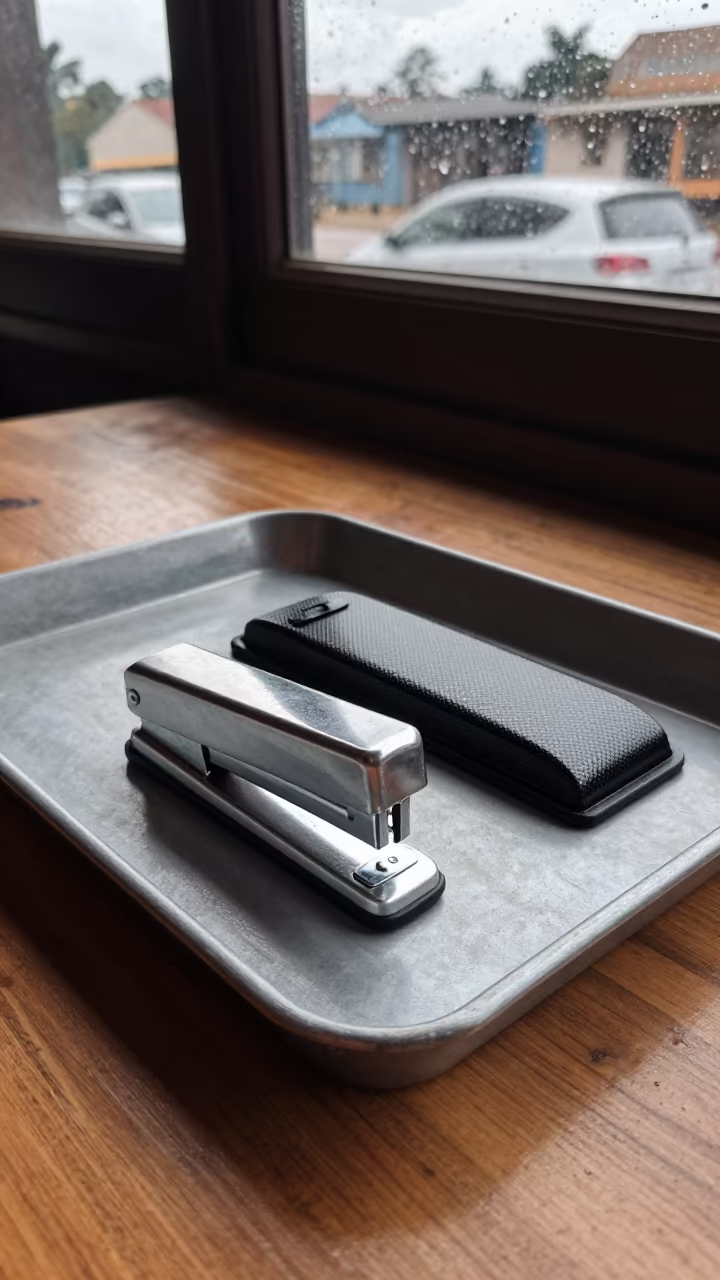 Stapler on Steel Tray in Ogbomosho Cafe in on a cafe table by a window in Ogbomosho