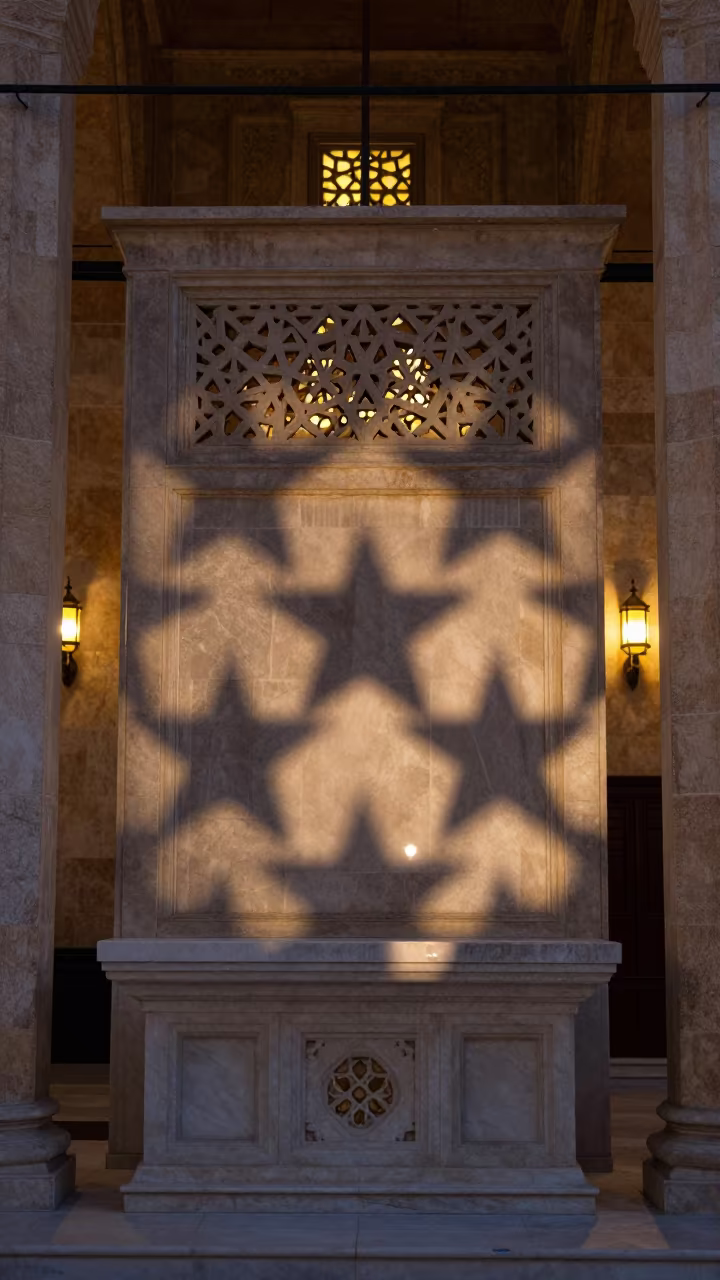 Star Shadows on Stone Altar in Amman Mosque in at the foot of a stone altar in Amman