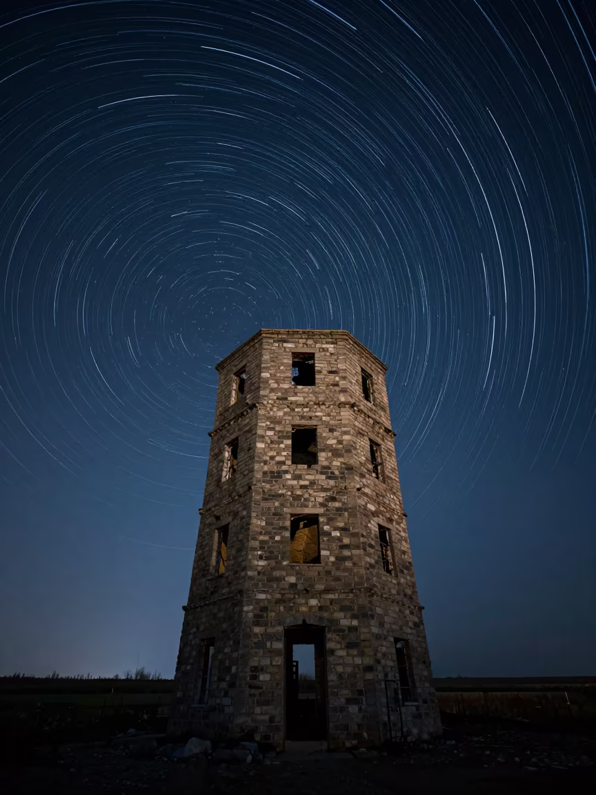 Star Trails Wheeling Over Abandoned Watchtower Taiyuan in beneath a dark-sky overlook near Taiyuan