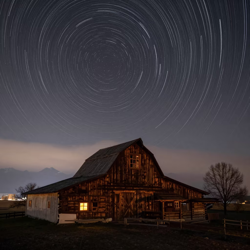 Star Trails Over Barn in Alpine Saddle Paris in from a quiet alpine saddle near Latin Quarter, Paris