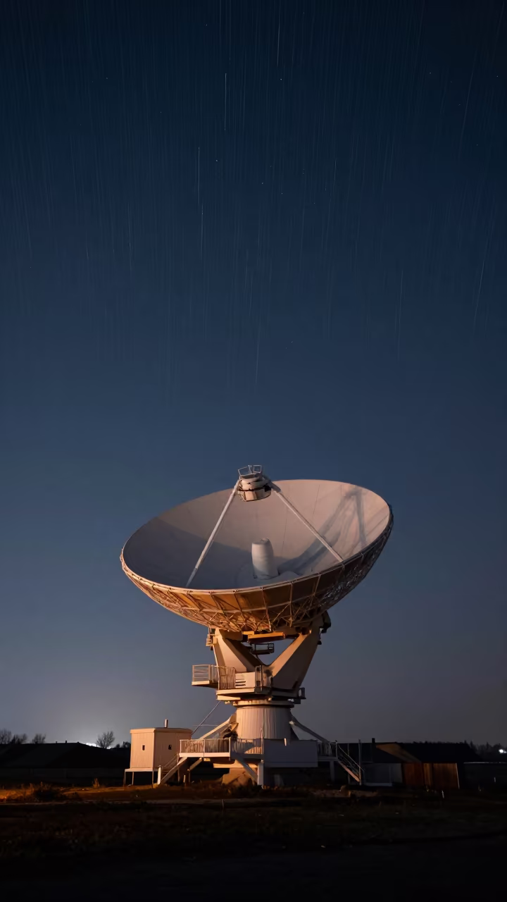 Star Trails Curve Over Radio Telescope Near Bucharest in under a band of cold starlight near Bucharest