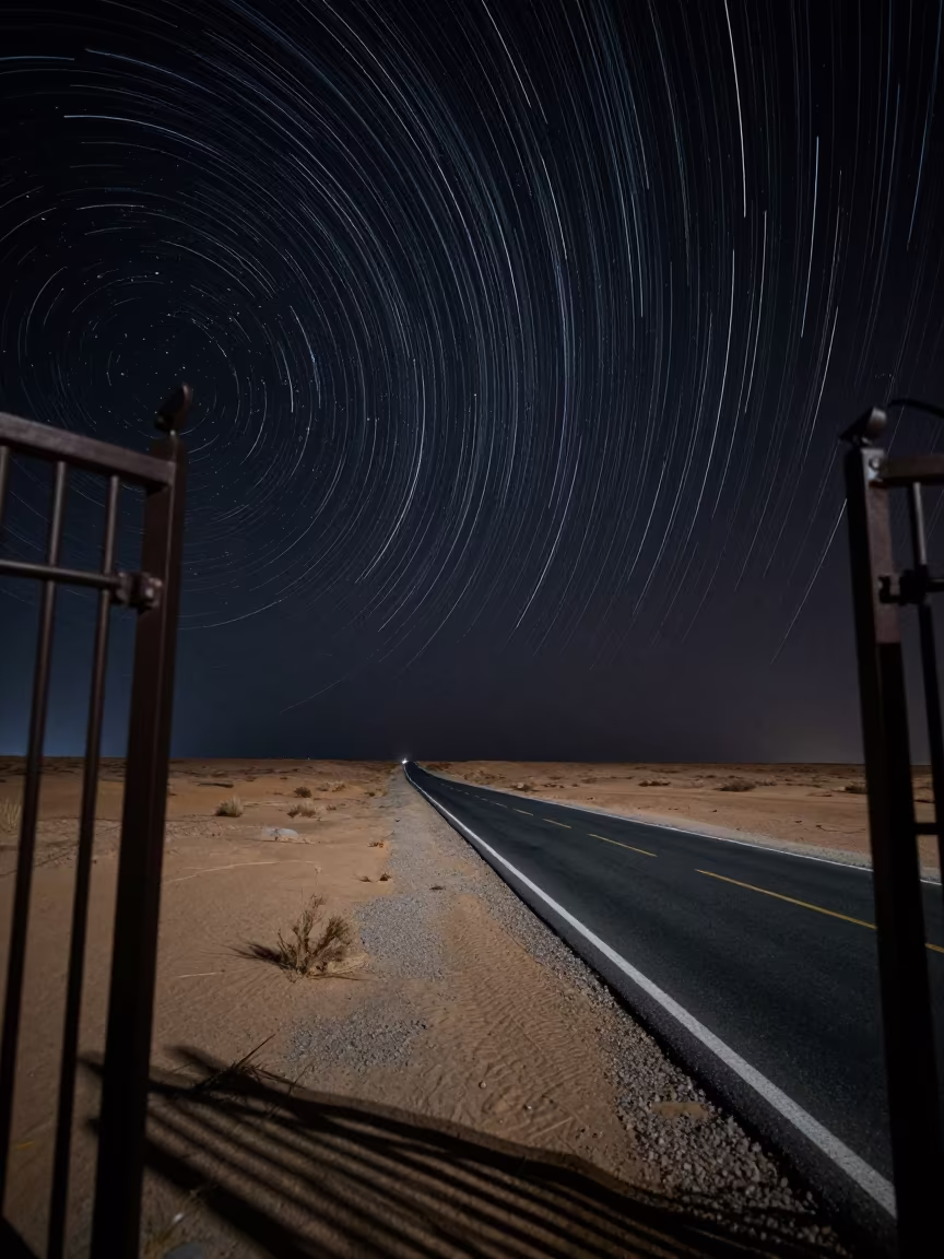 Star Trails Over Desert Road Abu Dhabi Night in under a band of cold starlight near Abu Dhabi
