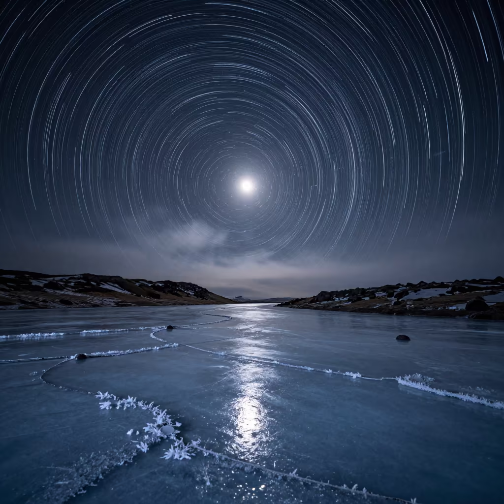 Star Trails Over Frozen Icelandic River Bend in from a quiet alpine saddle in Iceland