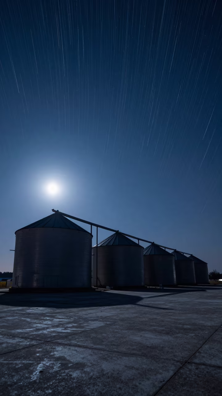 Star Trails Over Guinea Grain Silo Row Night in in Guinea