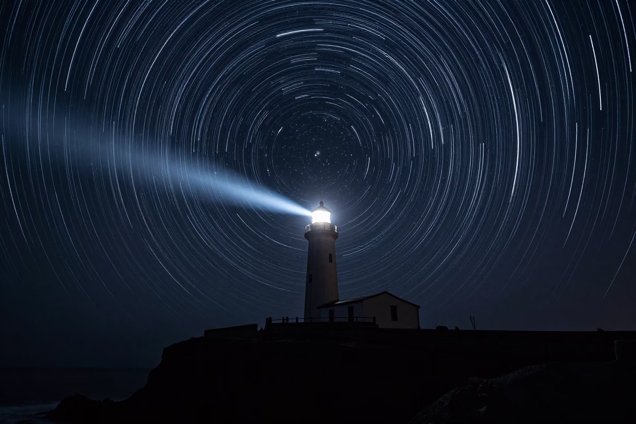 Star Trails Circling Lighthouse Above Black Cliffs in beneath thin cloud gaps and stars near Shah Faisal Town