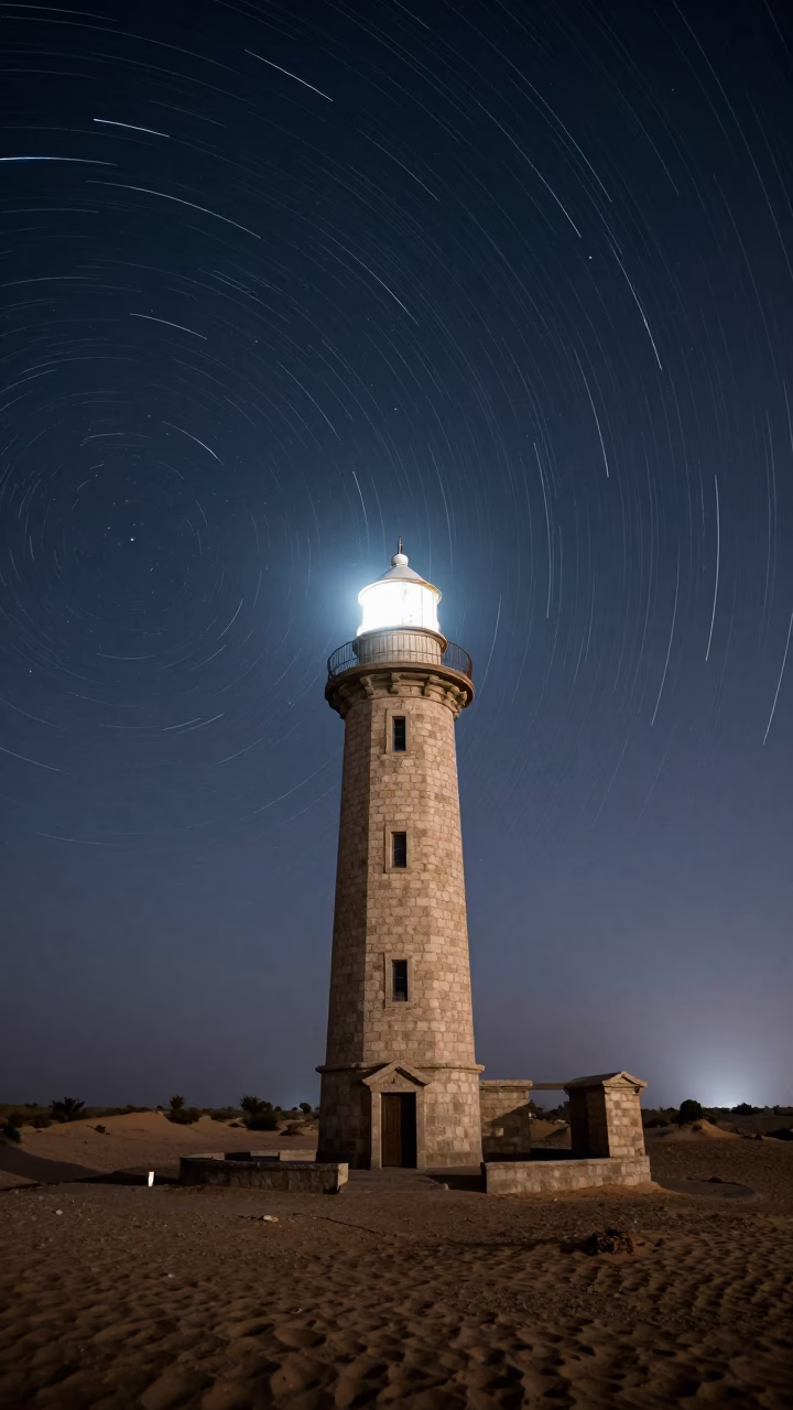 Star Trails Over Lighthouse in Monsoon Desert in beneath a wind-cut desert escarpment in Manipur