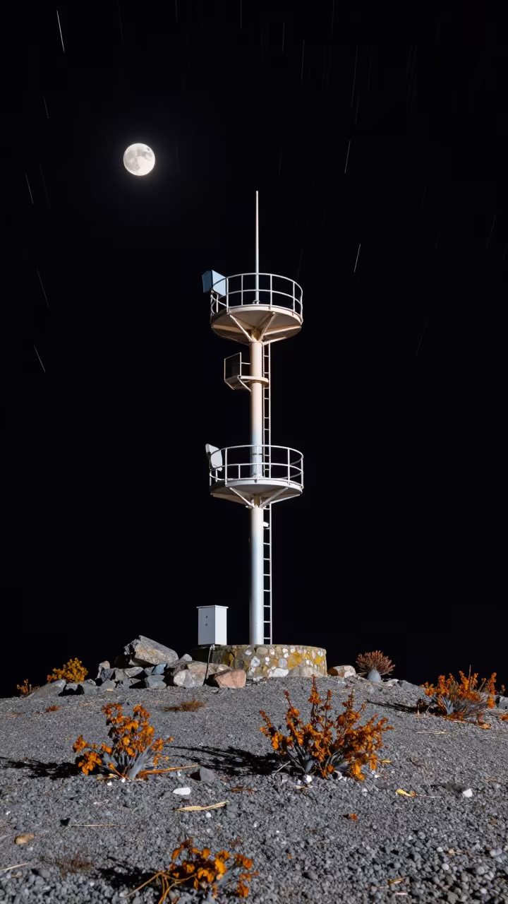 Star Trails Over Moon Weather Station Ridge in beneath thin cloud gaps and stars near Tbilisi
