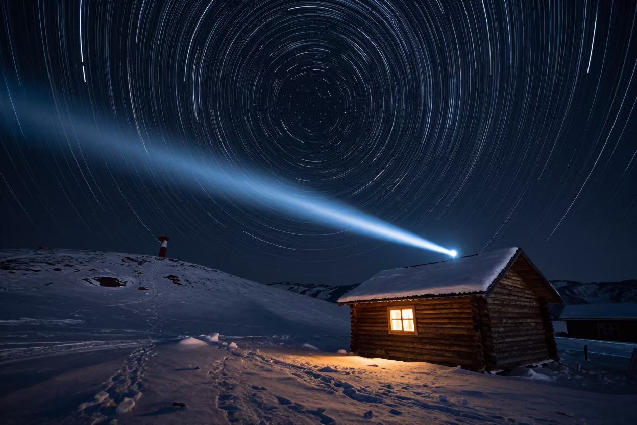 Star Trails Over Mountain Hut Near Tbilisi in beneath a hard winter sky over snowfields near Tbilisi