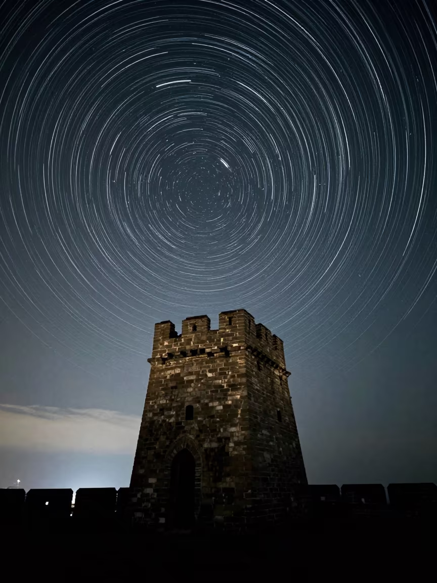 Star Trails Over Ancient Fujian Tower in beneath a moon-washed horizon in Fujian