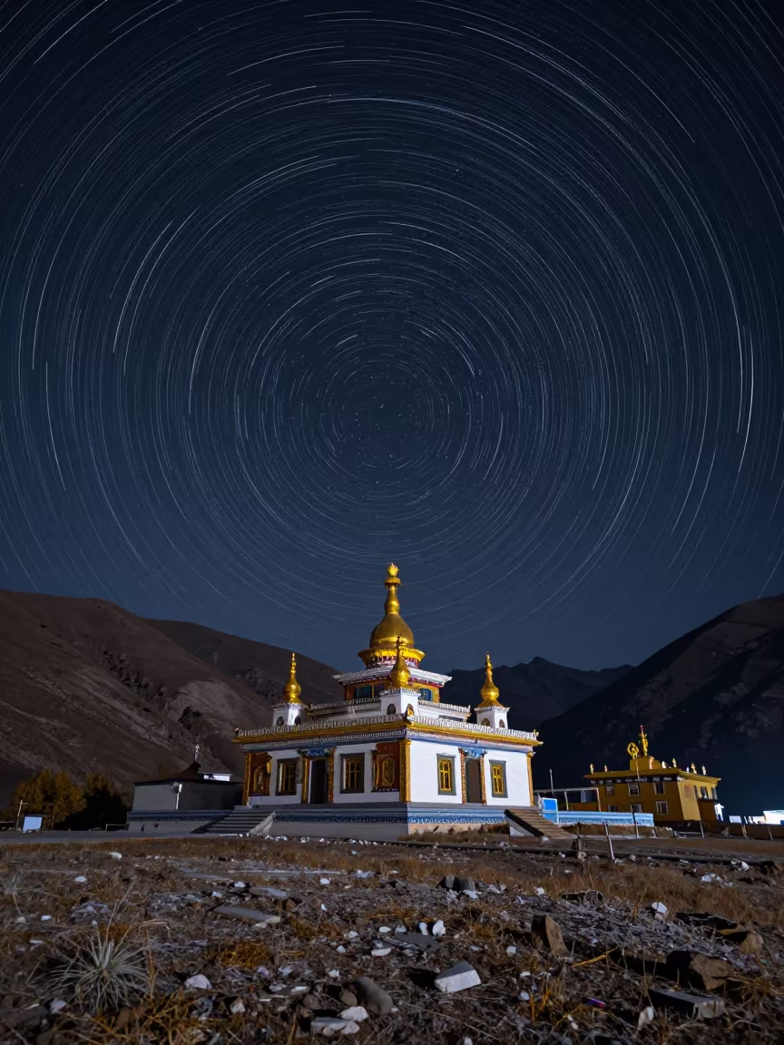 Star Trails Over Buddhist Temple Alpine Night in from a quiet alpine saddle near Mazar-i-Sharif