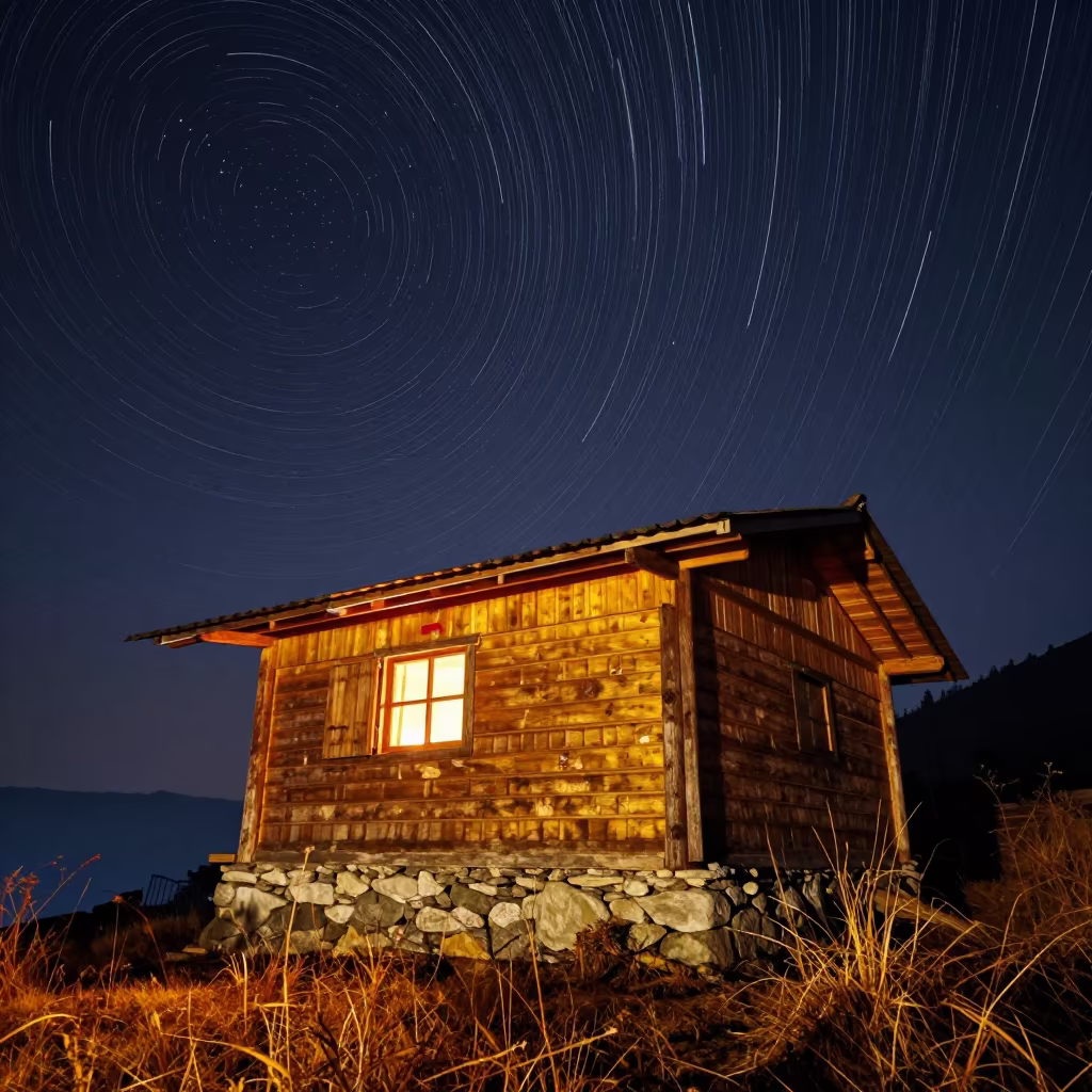 Star Trails Over Himalayan Hut in Autumn Night in from a quiet alpine saddle in Himachal Pradesh