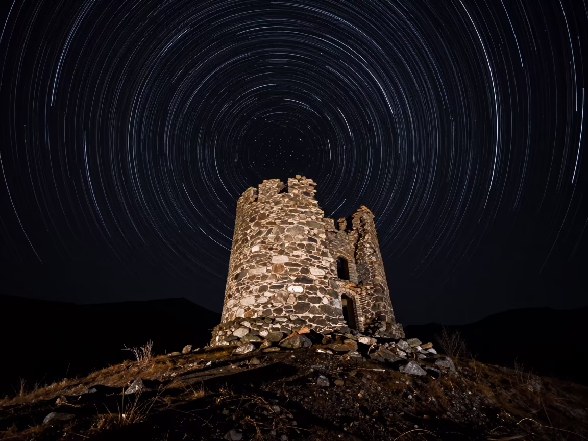 Star Trails Over Medieval Tower Kamchatka in from a quiet alpine saddle in Kamchatka
