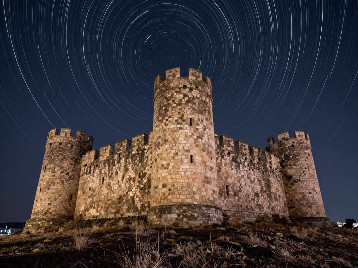 Star Trails Over Medieval Tower Ruins Madrid Night in under the clearest stretch of sky near Malasana, Madrid
