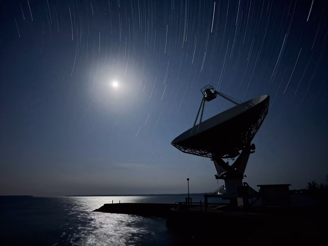 Star Trails Over Radio Telescope Moonlit Breakwater in from a moonlit breakwater in Romania
