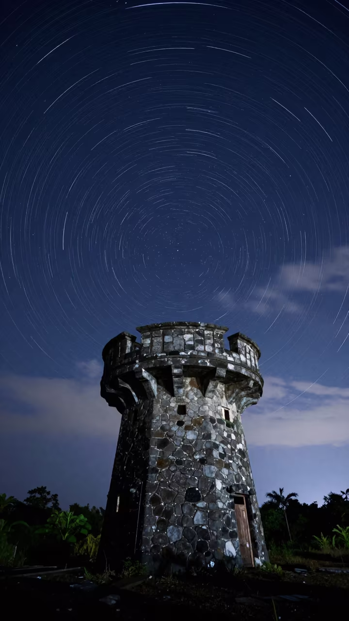 Star Trails Over Sulawesi Watchtower Night Sky in beneath thin cloud gaps and stars in Sulawesi