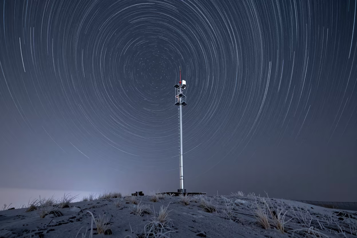 Star Trails Over Winter Weather Station Ridge in from a frost-hushed ridgeline near Bishkek