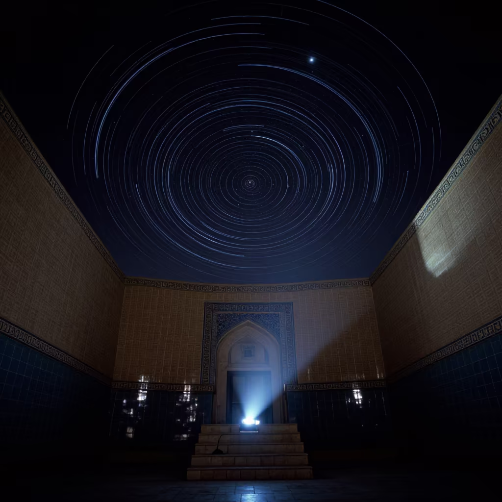 Star Trails Projected on Herat Stair Hall in inside a tiled stair hall near Herat