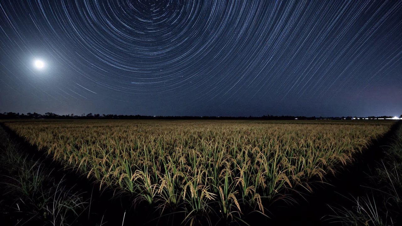 Star Trails Over Moonlit Queensland Rice Paddy in from a moonlit breakwater in Queensland