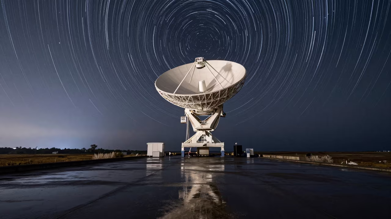 Star Trails Over Radio Telescope on Cameroon Breakwater in from a moonlit breakwater in Cameroon