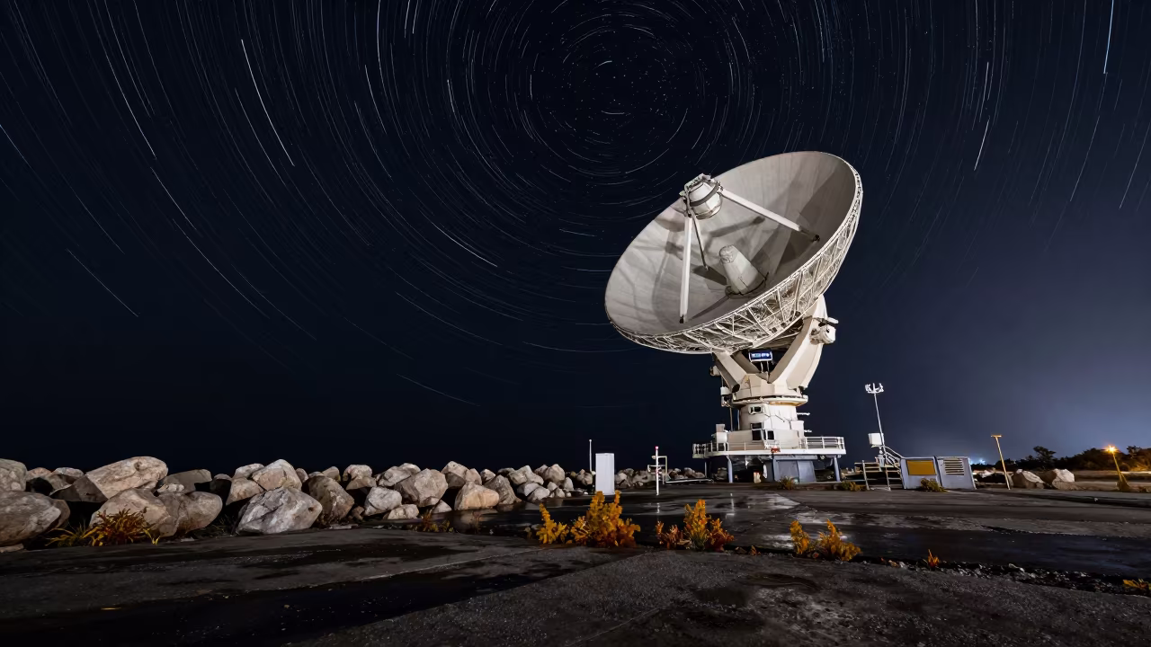 Star Trails Over Radio Telescope from Moonlit Breakwater in from a moonlit breakwater near Aleppo