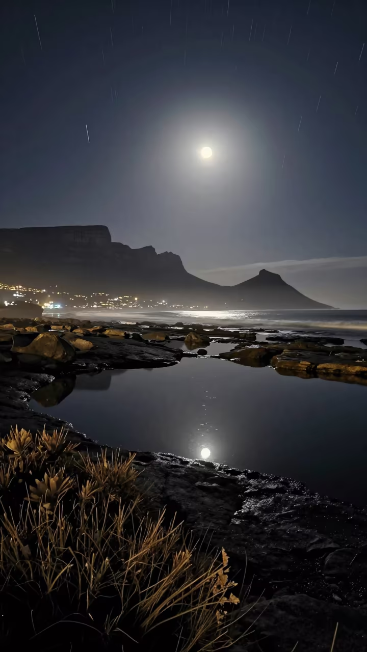Star Trails Reflected in Tide Pool Cape Town in along a dark shoreline with tidal glow near Cape Town