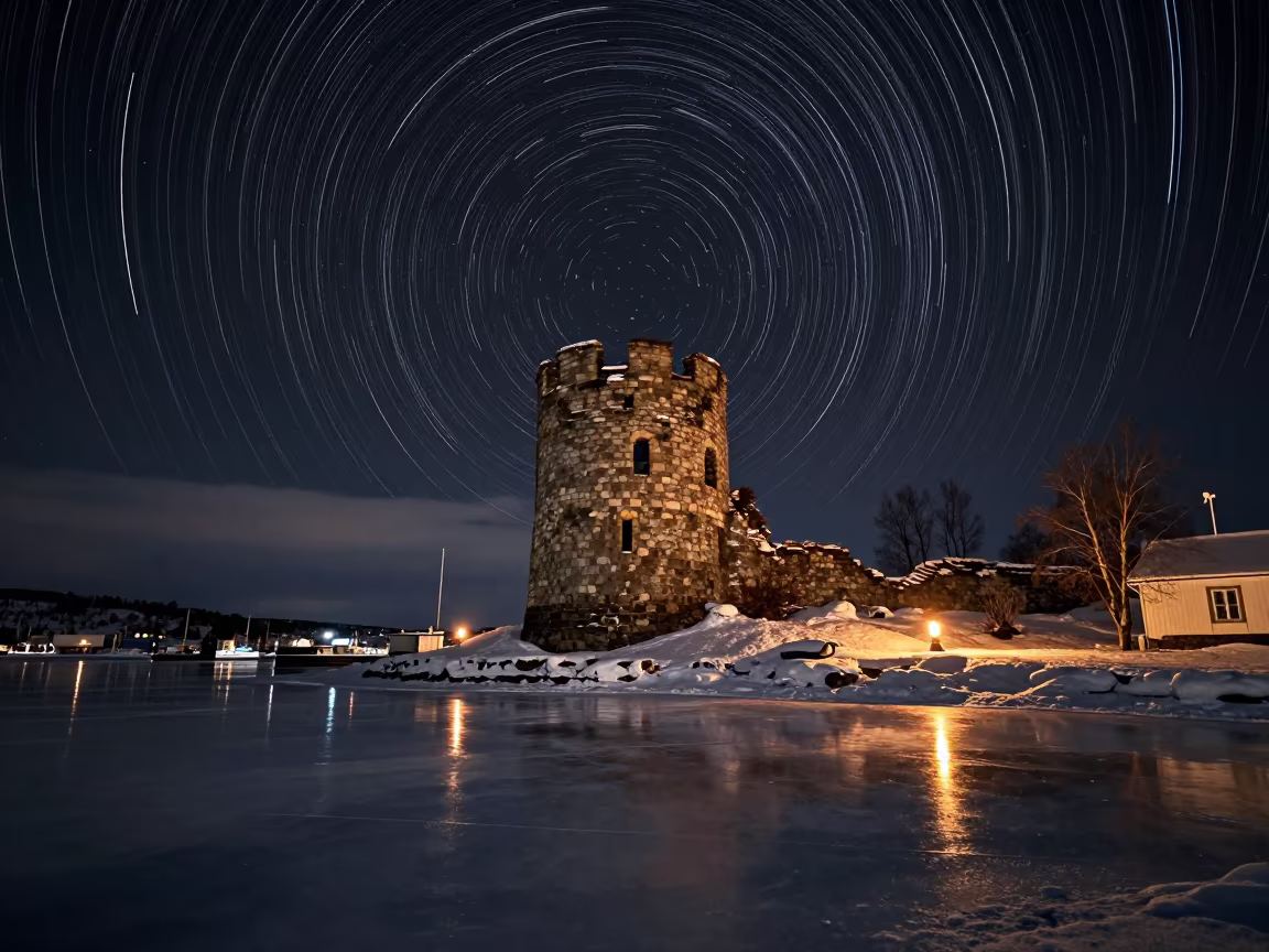 Star Trails Over Ruined Tower in Kuopio Harbor in beside a lantern-dotted harbor near Kuopio