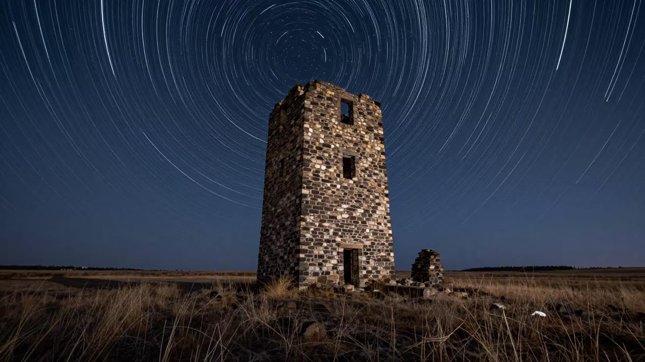 Star Trails Spinning Over Medieval Tower Kansas in under a band of cold starlight in Kansas