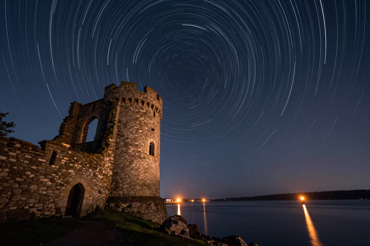 Star Trails Over Vermont Harbor Tower in beside a lantern-dotted harbor in Vermont
