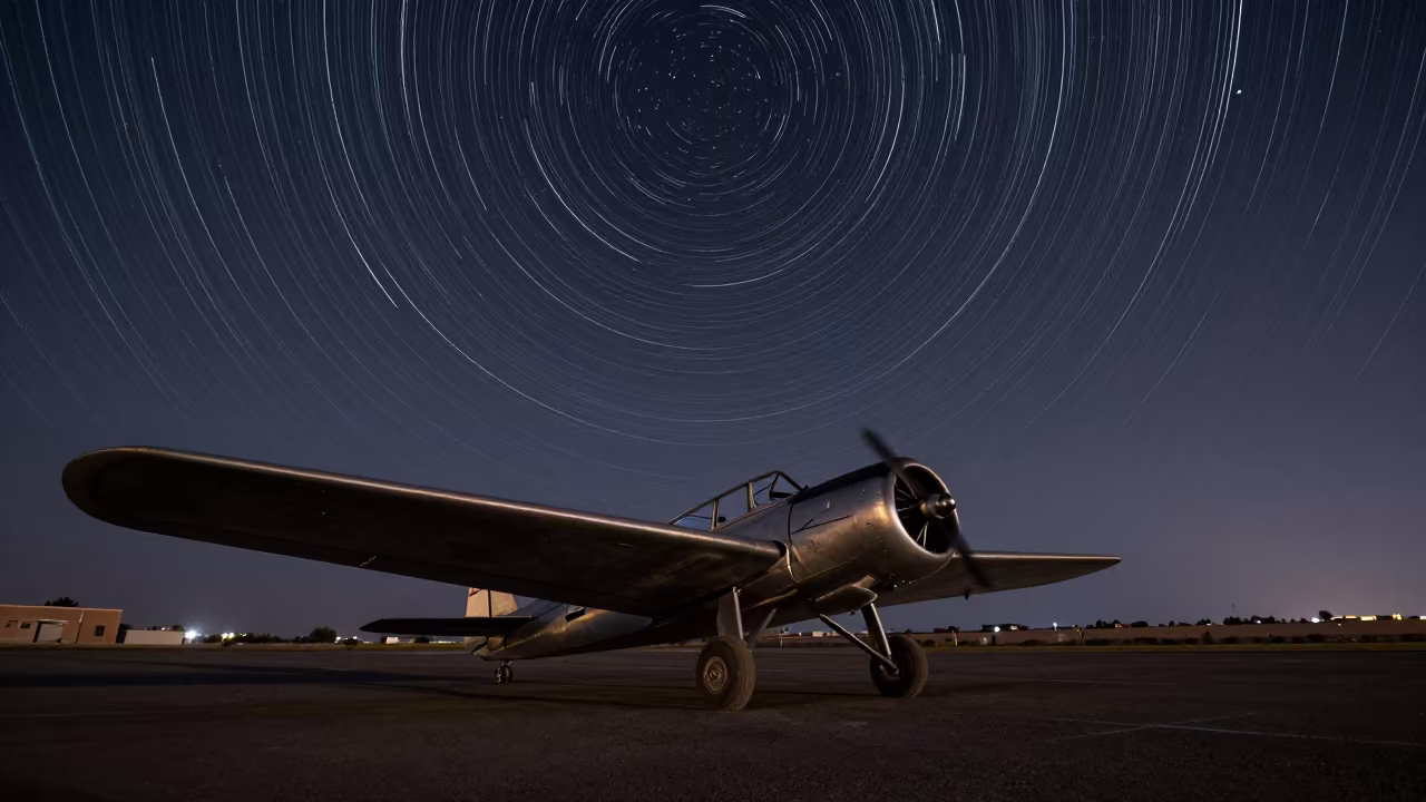 Star Trails Over Vintage Aircraft Rabat Night in beneath a dark-sky overlook near Rabat