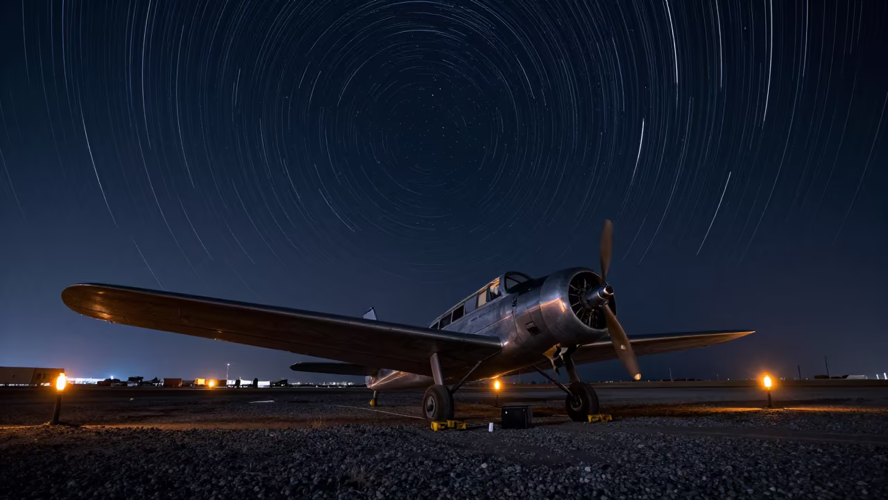 Star Trails Over Vintage Aircraft at Saudi Harbor in beside a lantern-dotted harbor in Saudi Arabia