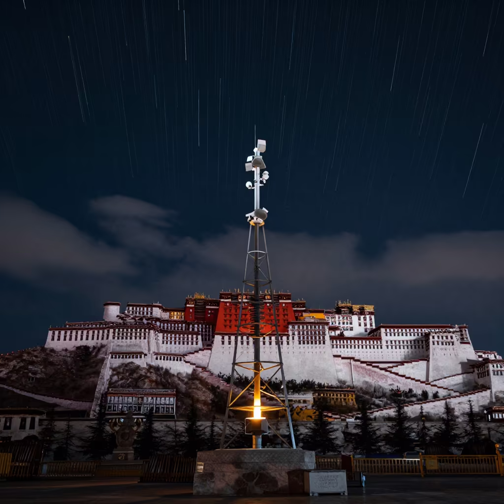 Star Trails Over Weather Mast Near Potala Palace in beneath thin cloud gaps and stars near Potala, Lhasa
