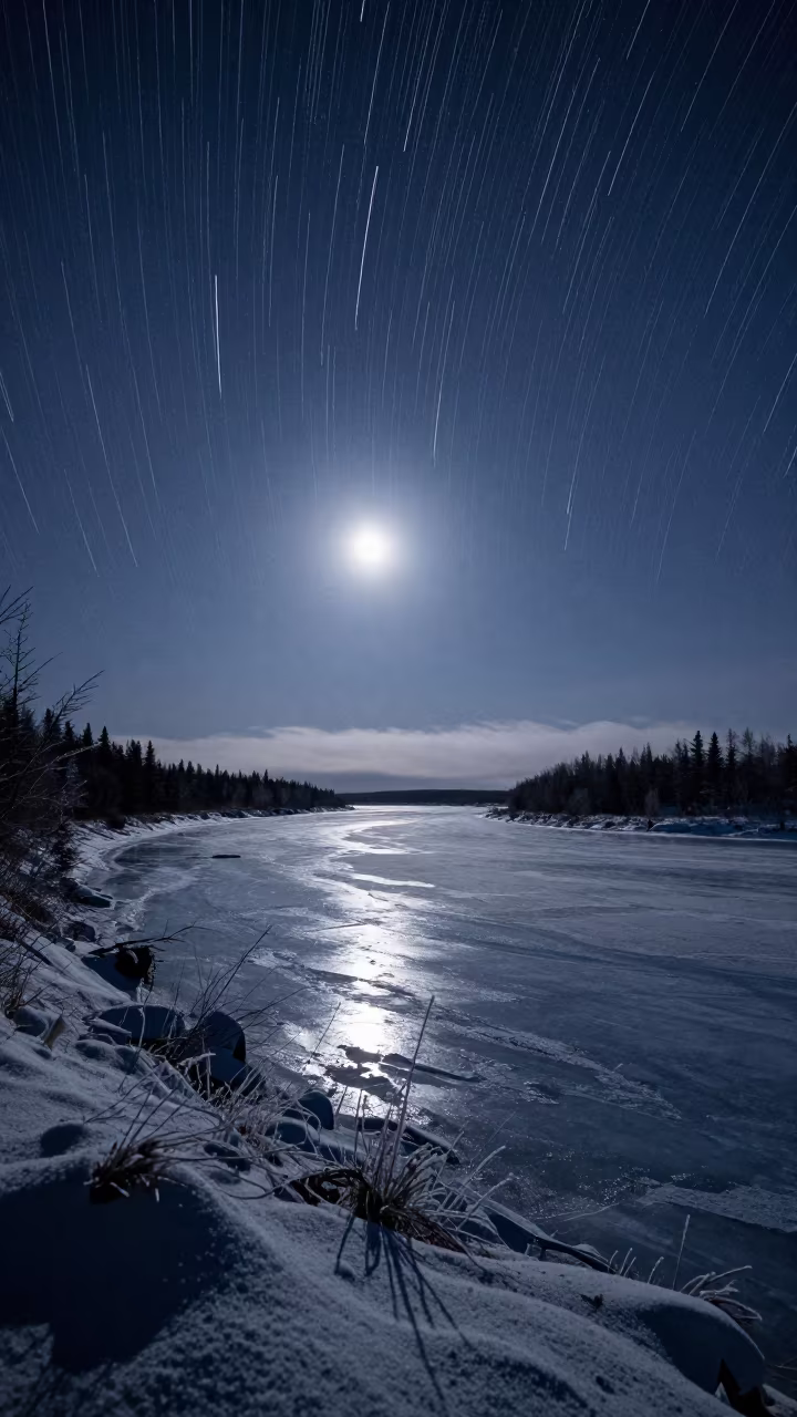 Star Trails Wheeling Over Frozen River Bend in from a frost-hushed ridgeline in Canada