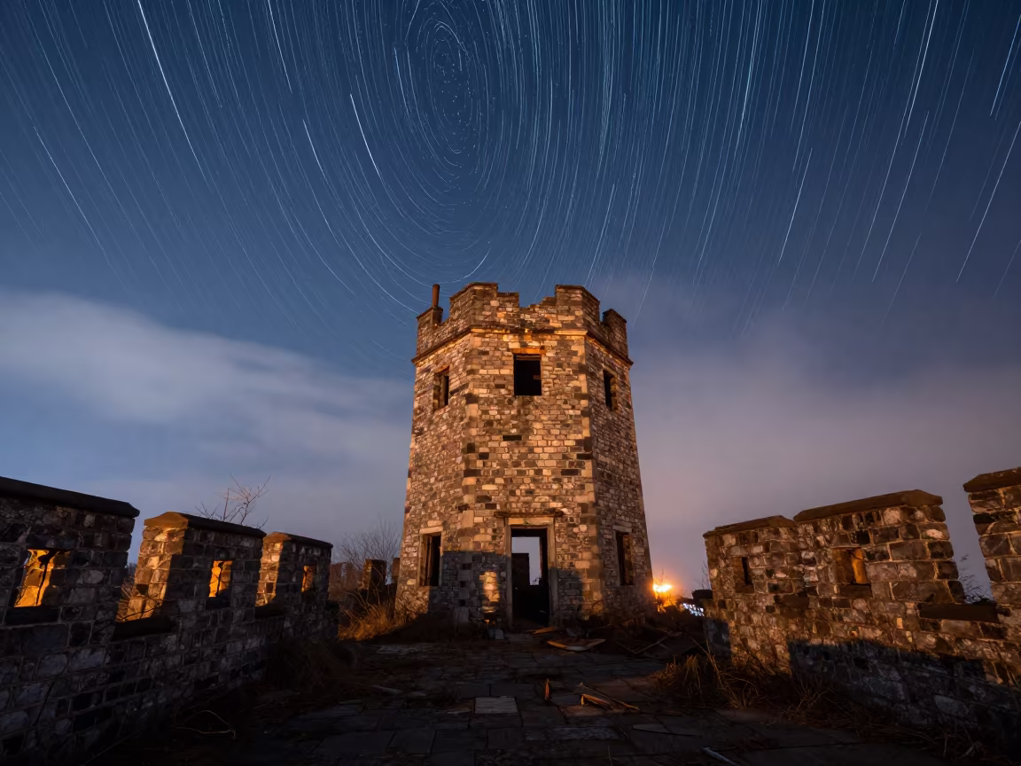 Star Trails Wheeling Over Ancient Watchtower in above a misty gorge in warm night air near Ningbo