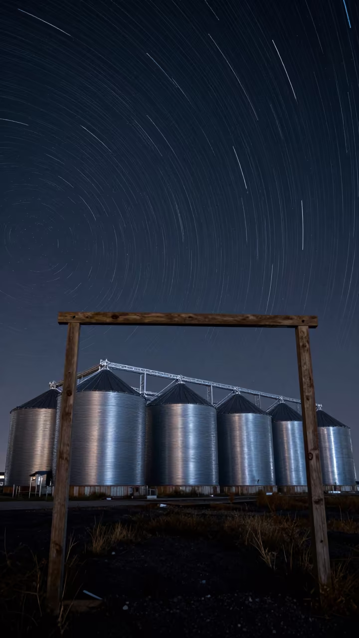 Star Trails Over Winter Grain Silos at Night in beneath a dark-sky overlook near Kollam