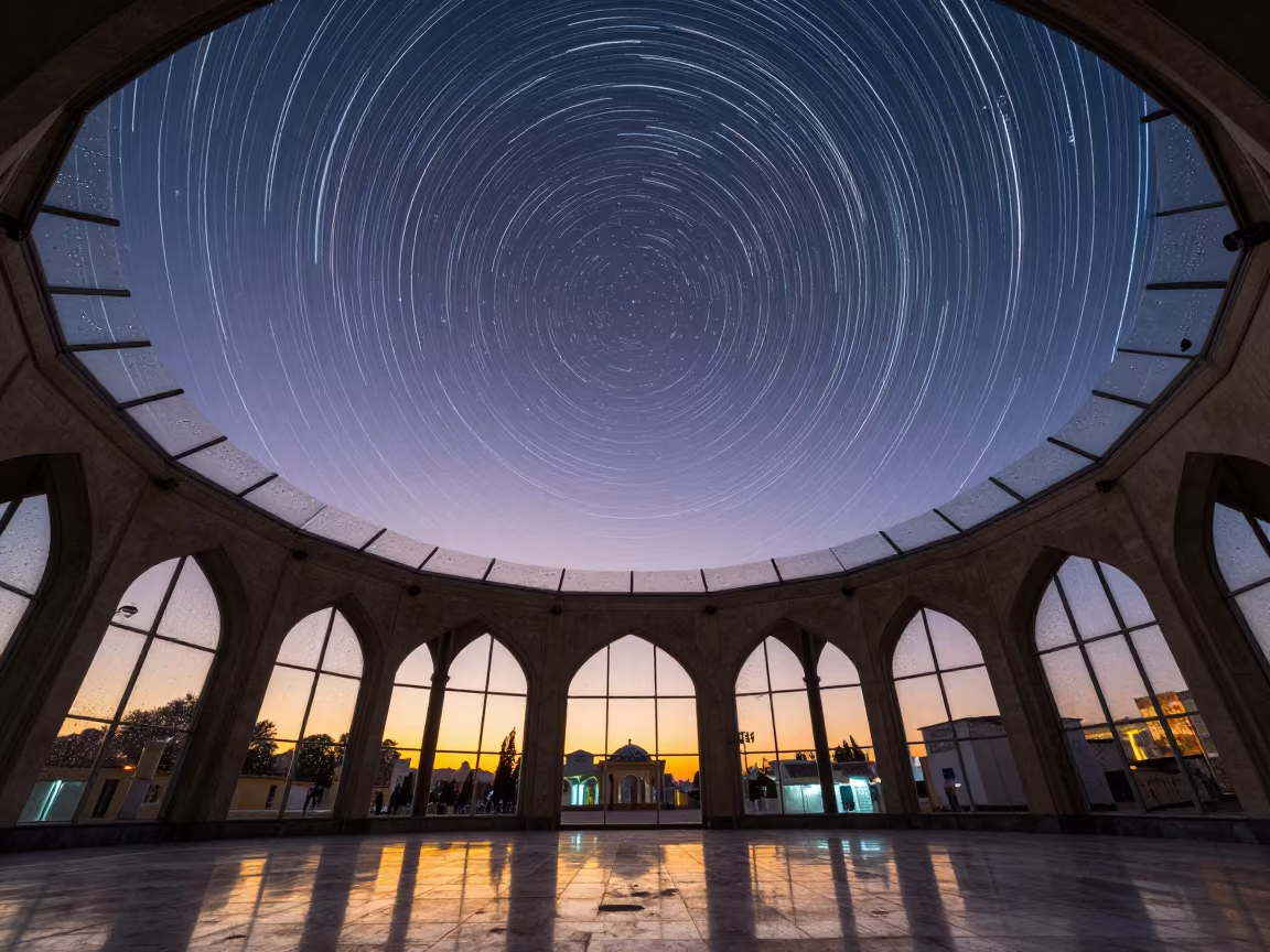 Star Trails Over Winter Sunset Karbala Arcade in inside a glass-roofed arcade in Karbala