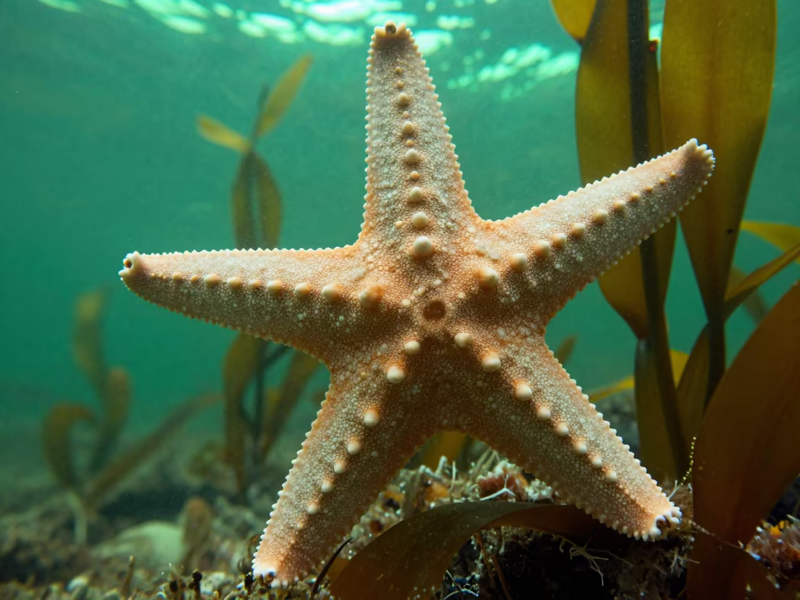 Starfish Tube Feet Kelp Barcelona Underwater in through a forest of kelp fronds near Barcelona