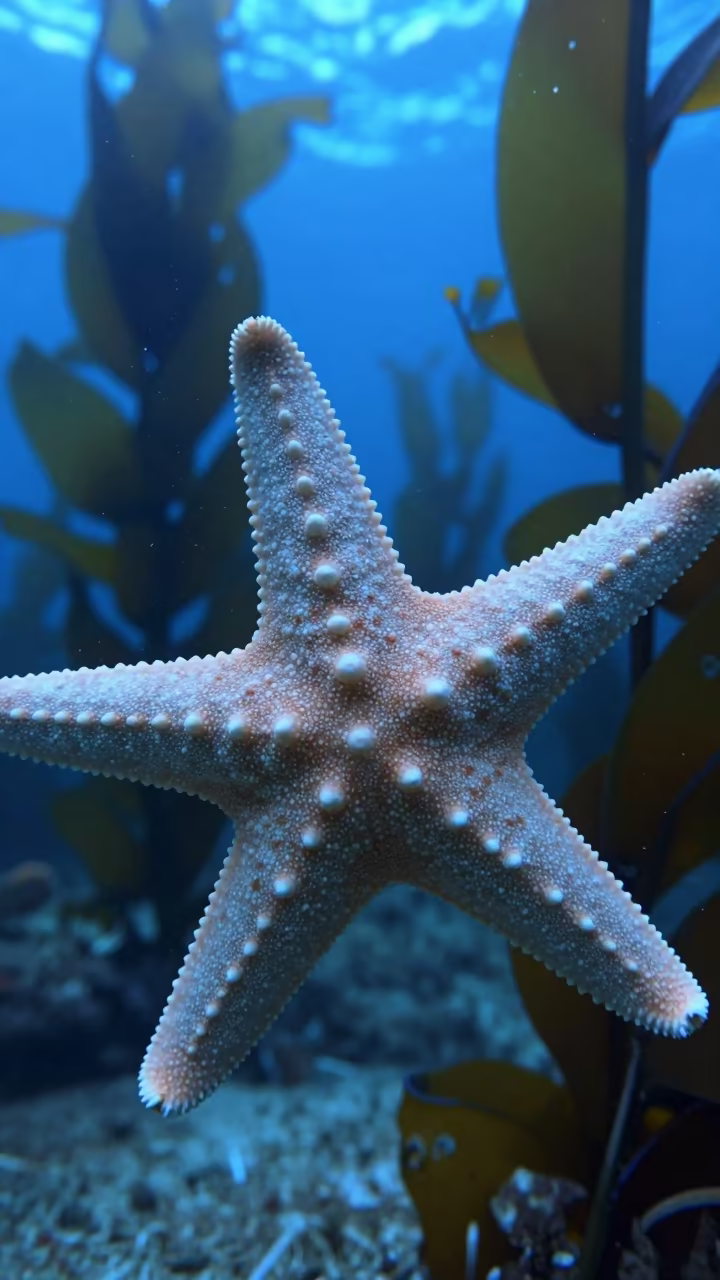 Starfish Tube Feet Kelp Forest Twilight Blue Hour in through a forest of kelp fronds in Catalonia