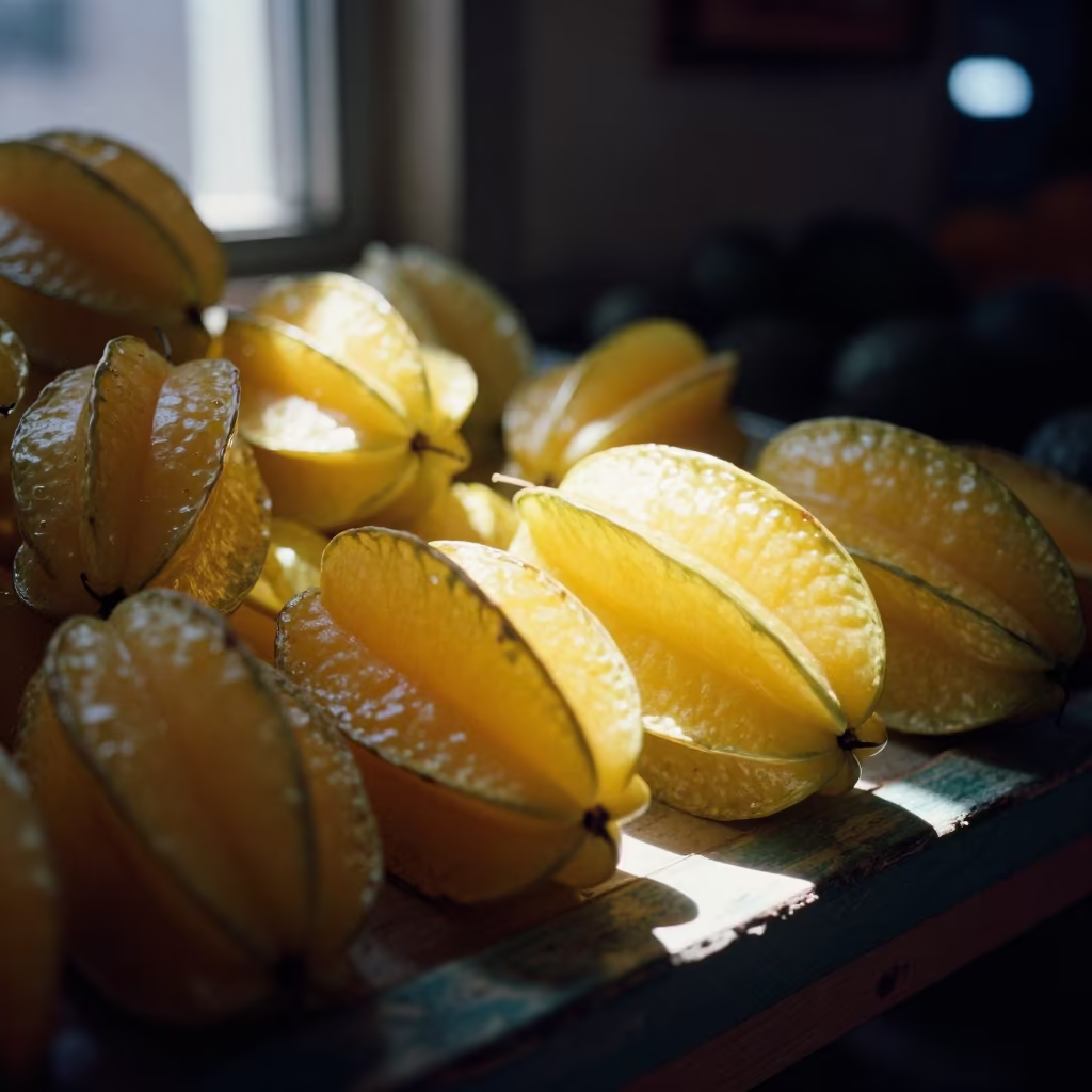 Starfruit Display in Predawn Hama Market Light in on a painted produce display table in Hama