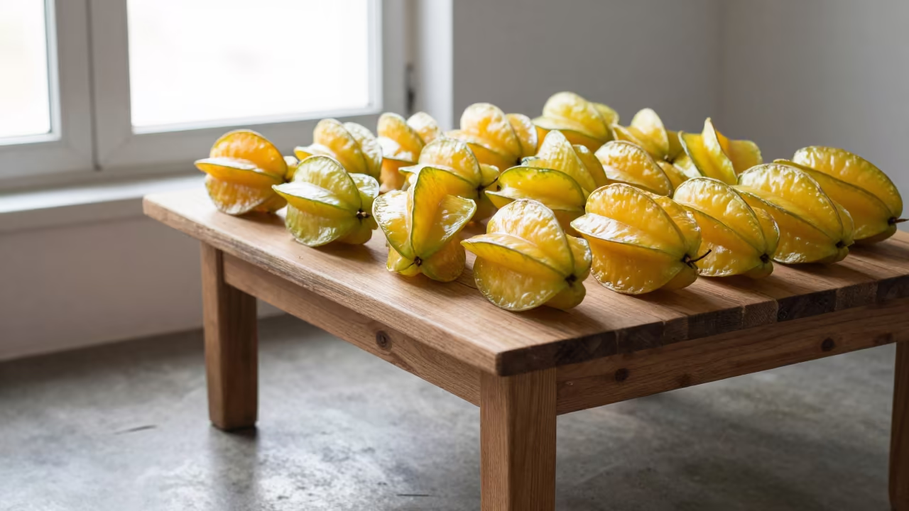 Starfruit Display in Tobruk Winter Light in on a painted produce display table in Tobruk