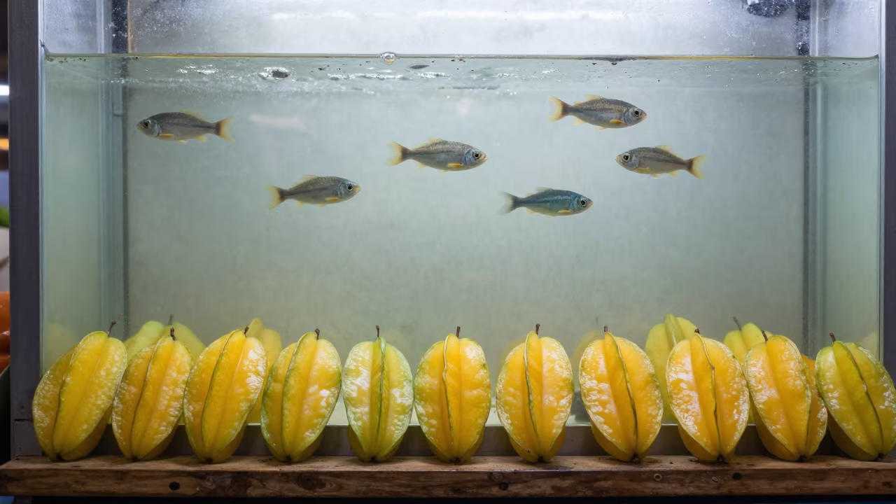 Starfruit and Fish Swimming in Winter Market in on a wooden shelf inside a covered market in Salford