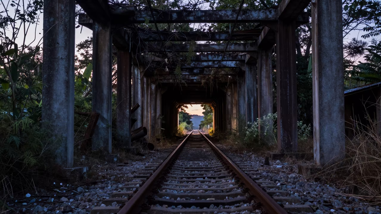Starlight Through Abandoned Railway Tunnel Ruins in among toppled columns and nettles near Puerto Vallarta