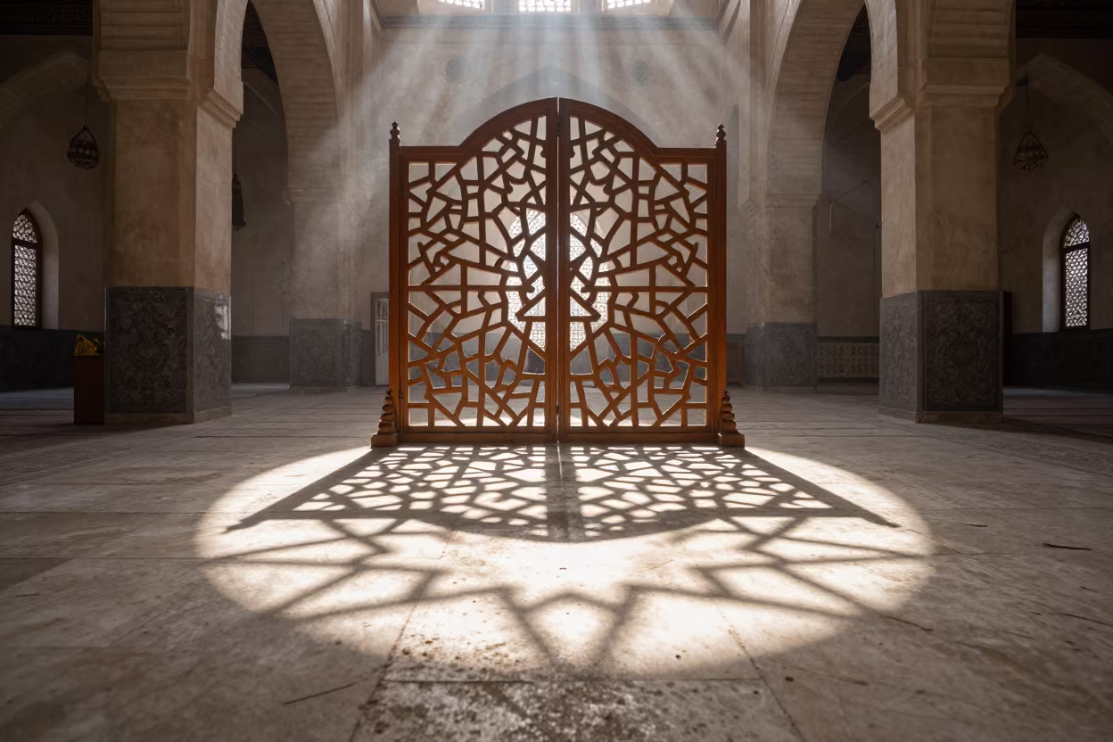 Starlight Patterns Through Cairo Mosque Screen in in a mosque prayer hall in Cairo
