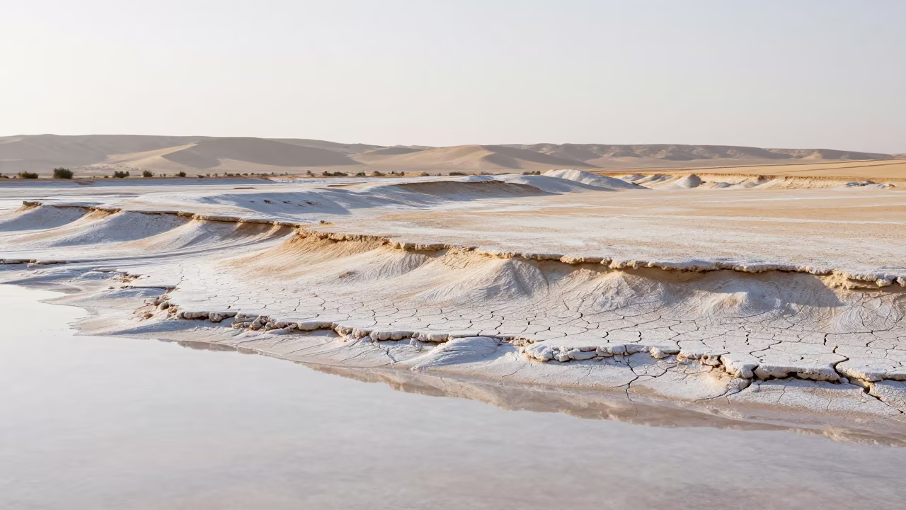 Starlight Reflection on Dry Lake Bed Midday in from a ridge above layered foothills in Egypt