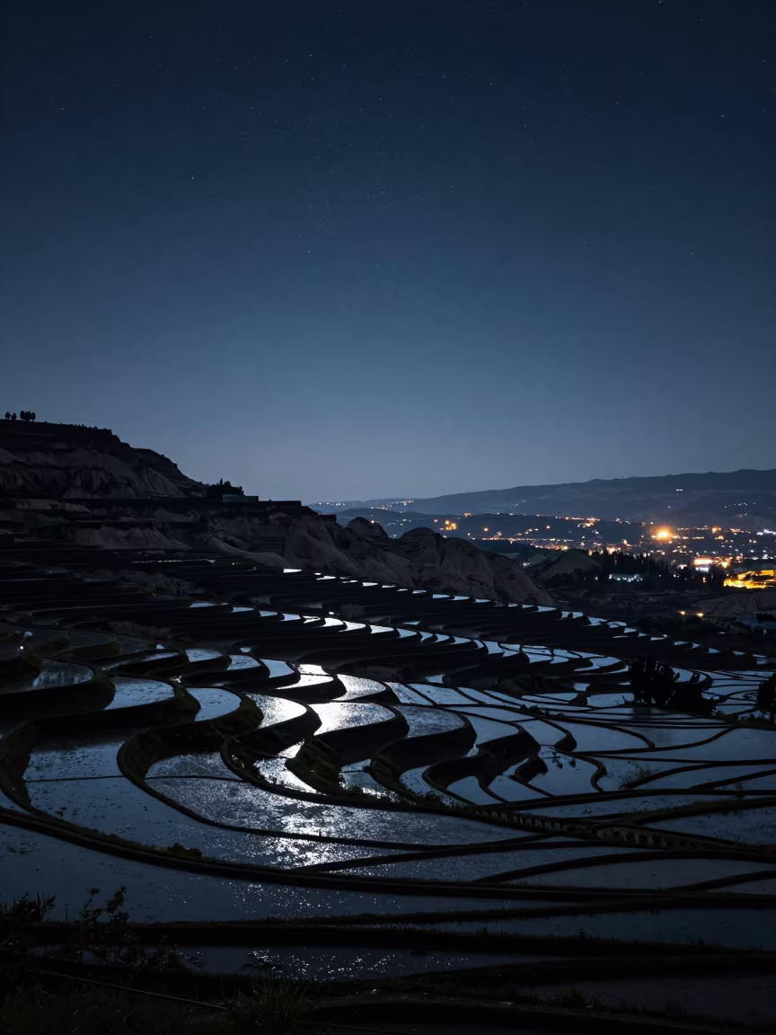 Starlight Reflections on Midsummer Rice Paddies in beneath a wind-cut desert escarpment near Lyon