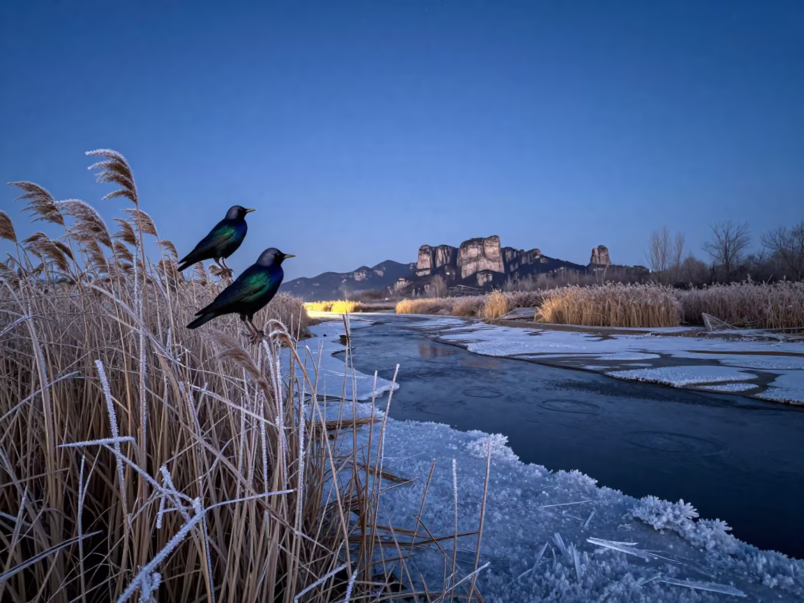 Starling on Frosty Inlet Before Dawn in beside a tidal inlet near Zhangjiajie