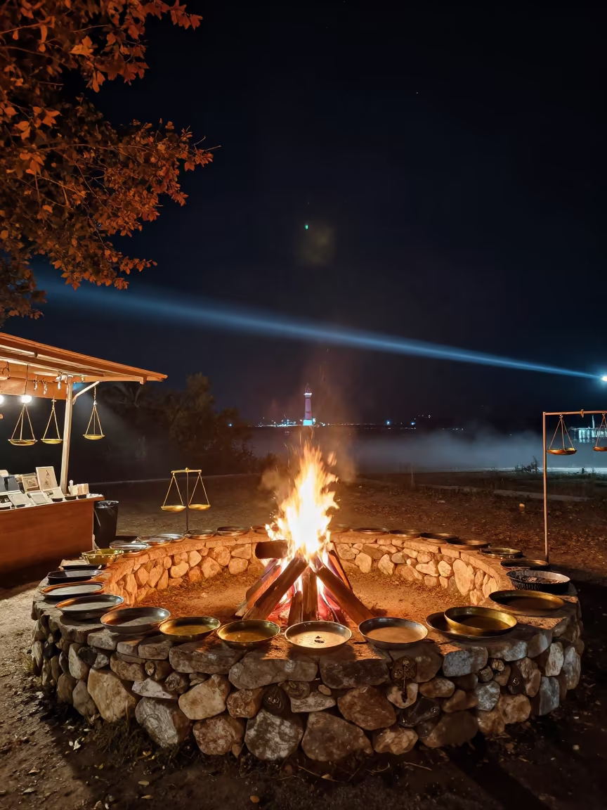 Starlit Campfire Ring in Antalya Jeweler's Night Market in inside a jeweler's stall with brass scales and trays in Antalya