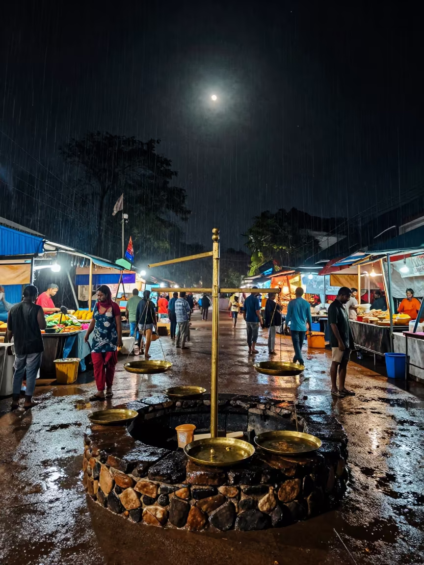 Starlit Campfire Stones in Negombo Night Market in inside a jeweler's stall with brass scales and trays in Negombo