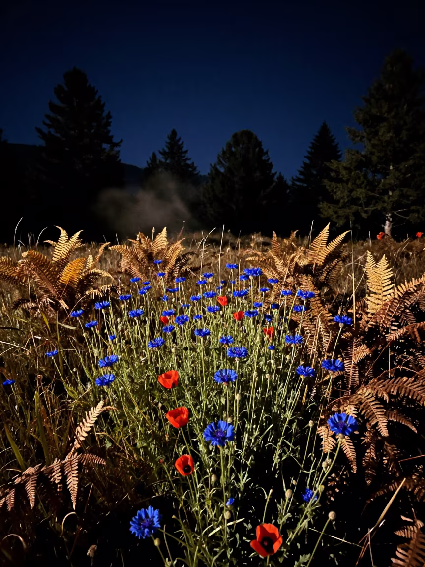Starlit Colorado Cornflowers Amid Autumn Ferns in on a fern-lined forest floor in Colorado
