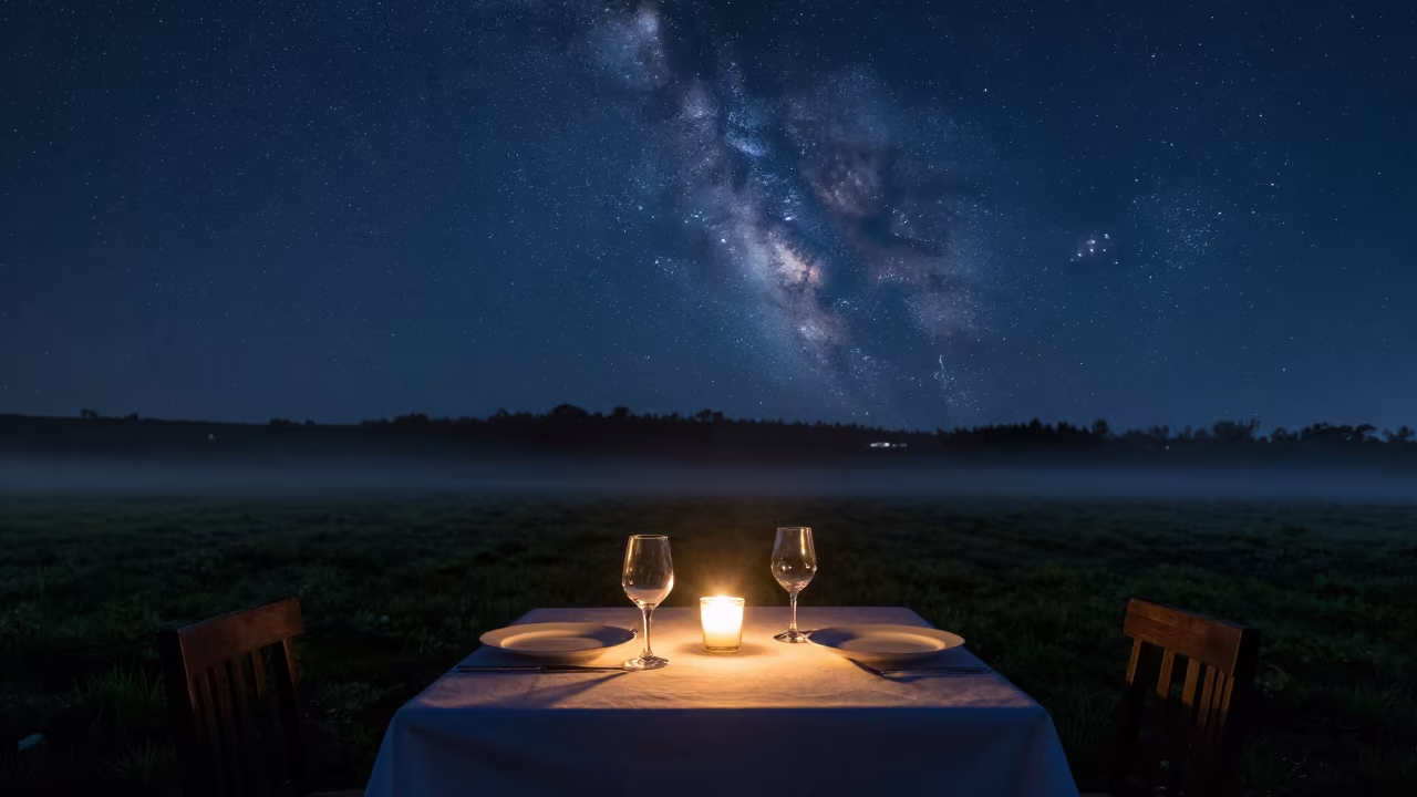Starlit Outdoor Dinner Table Under Valencia Night Sky in under a band of cold starlight near Valencia