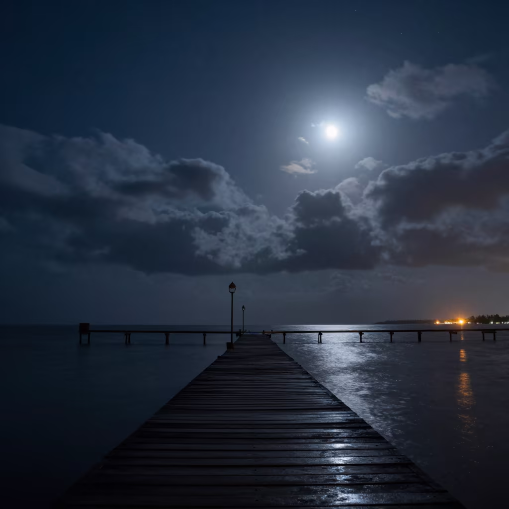 Starlit Predawn Sky Over Wooden Pier in beside a lantern-dotted harbor near Bujumbura